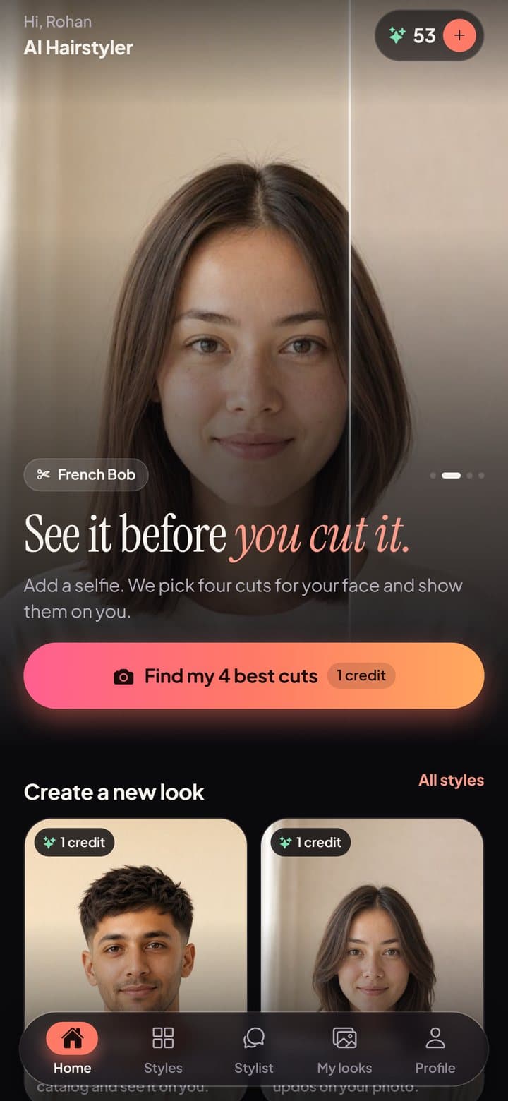 AI Hairstyler home screen