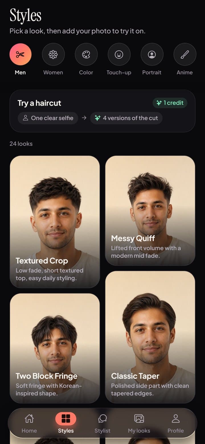 Styles screen with haircut previews